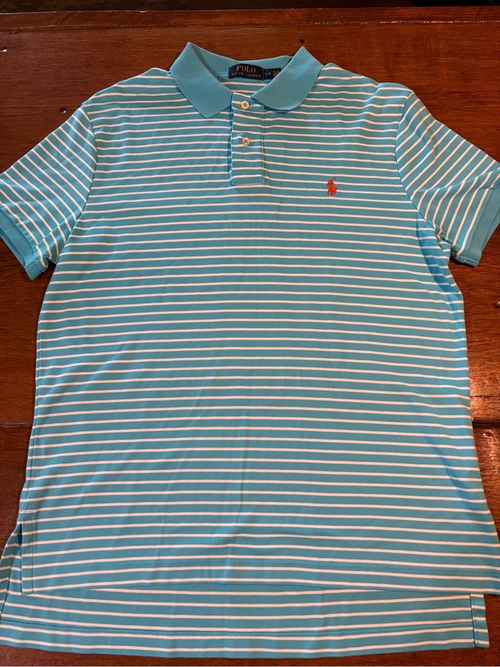 Ralph Lauren Men’s Aqua and White Striped Polo with Red Pony